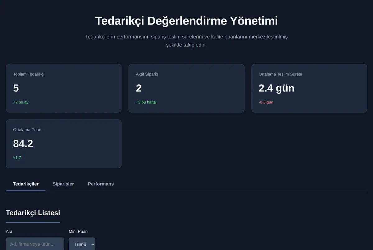 Tedarikçi Değerlendirme Yönetimi ekran görüntüsü 2