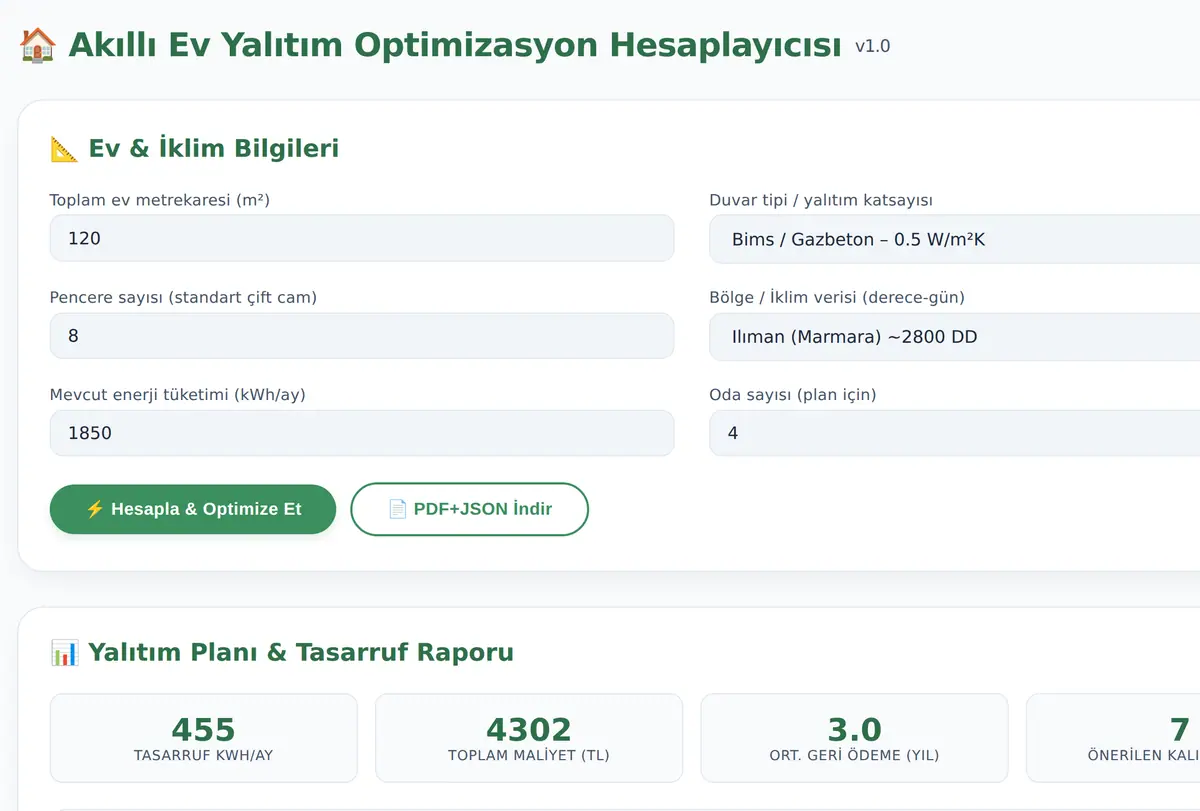Akıllı Ev Yalıtım Optimizasyon Hesaplayıcısı ekran görüntüsü