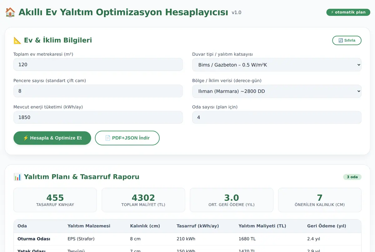 Akıllı Ev Yalıtım Optimizasyon Hesaplayıcısı ekran görüntüsü 2