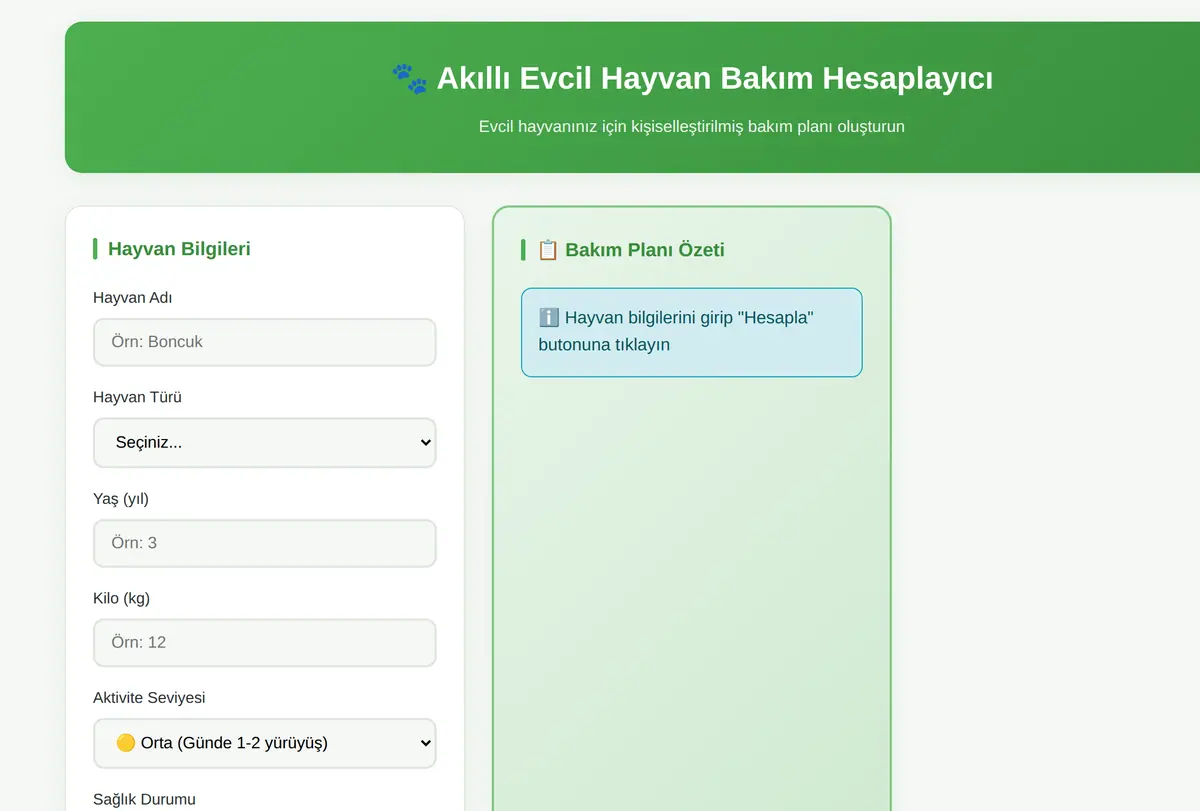 Akıllı Evcil Hayvan Bakım Hesaplayıcı ekran görüntüsü