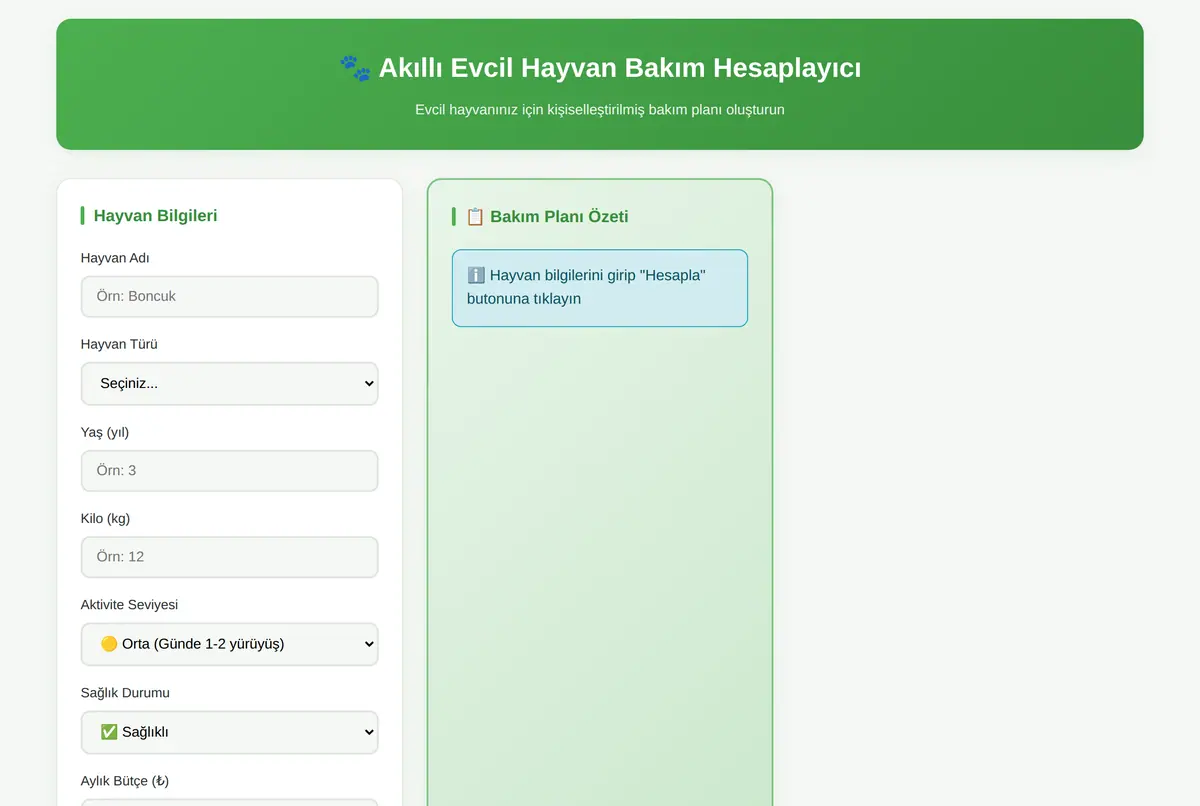 Akıllı Evcil Hayvan Bakım Hesaplayıcı ekran görüntüsü 2