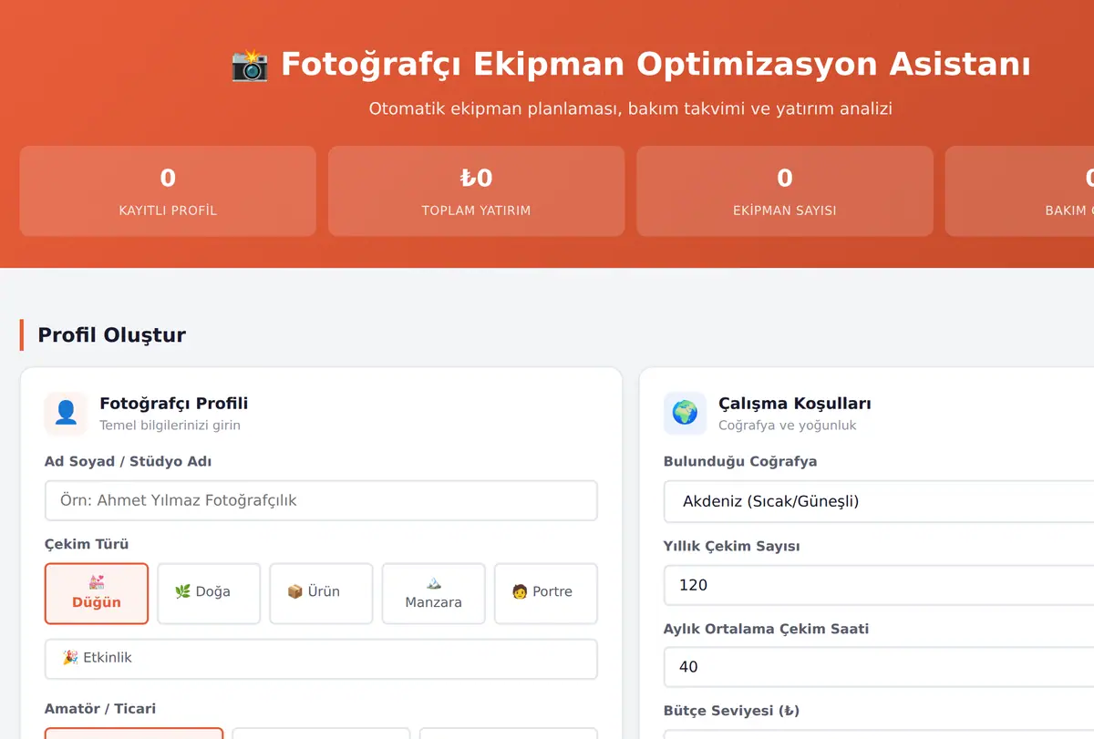 Fotoğrafçı Ekipman Optimizasyon Asistanı ekran görüntüsü