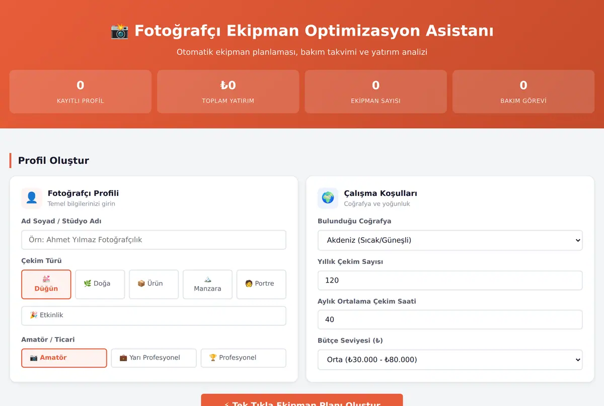 Fotoğrafçı Ekipman Optimizasyon Asistanı ekran görüntüsü 2