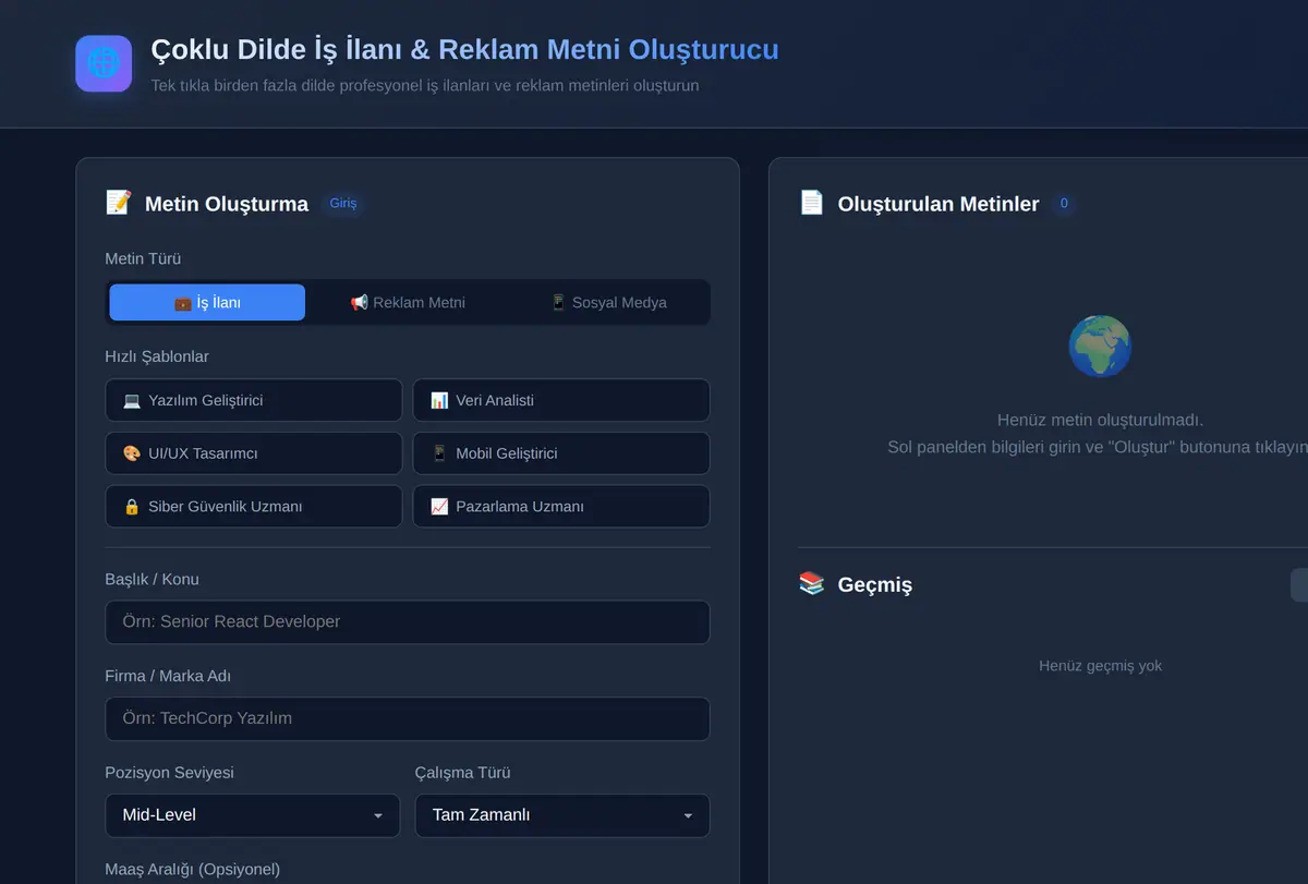 Çoklu Dilde İş İlanı & Reklam Metni Oluşturucu ekran görüntüsü