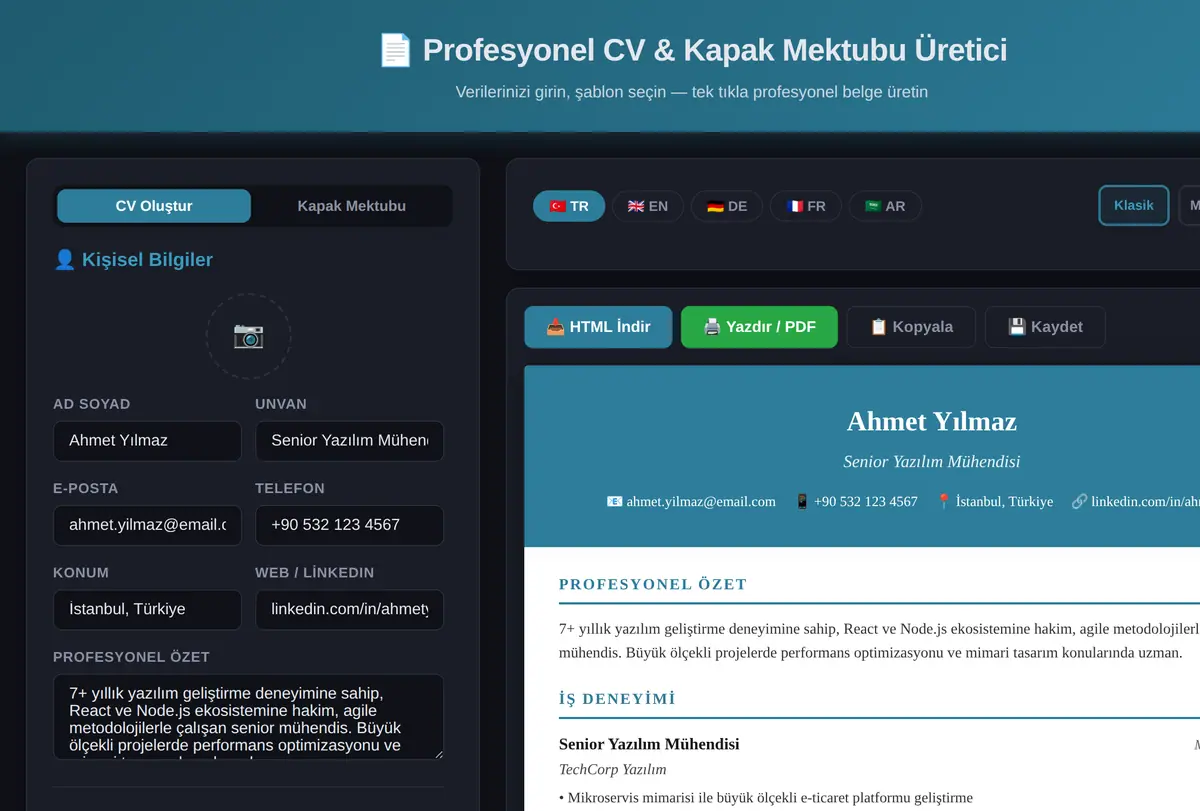 Profesyonel CV & Kapak Mektubu Üretici ekran görüntüsü