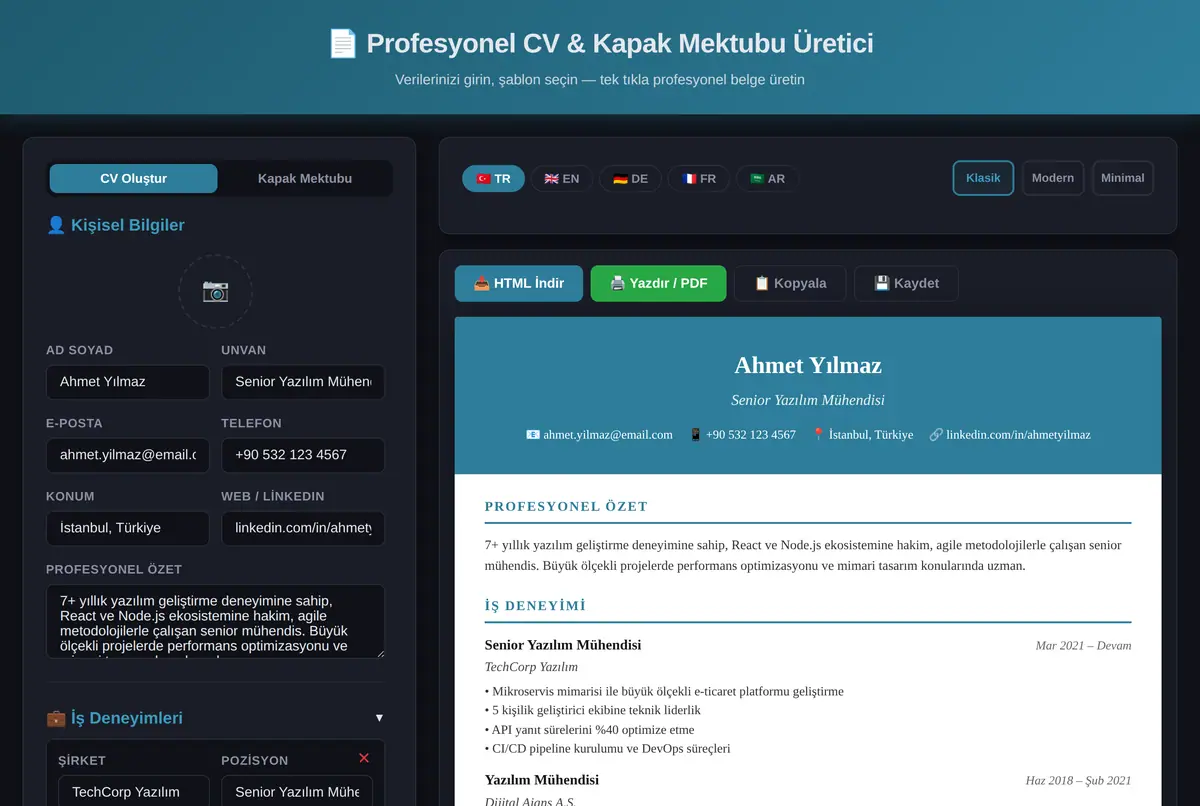 Profesyonel CV & Kapak Mektubu Üretici ekran görüntüsü 2