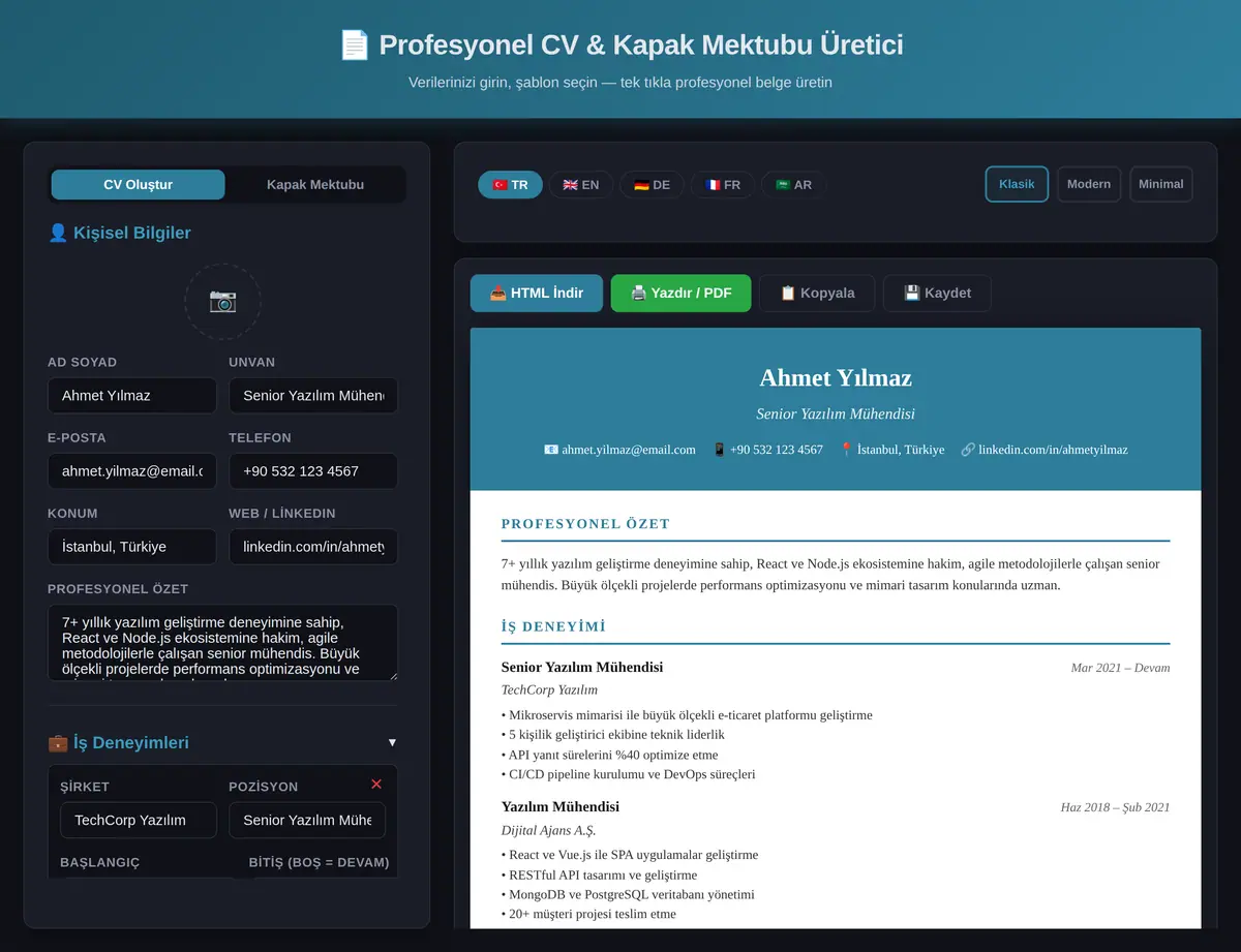 Profesyonel CV & Kapak Mektubu Üretici ekran görüntüsü 3