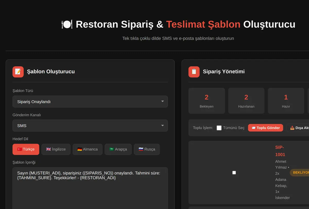Restoran Sipariş & Teslimat Şablon Oluşturucu ekran görüntüsü