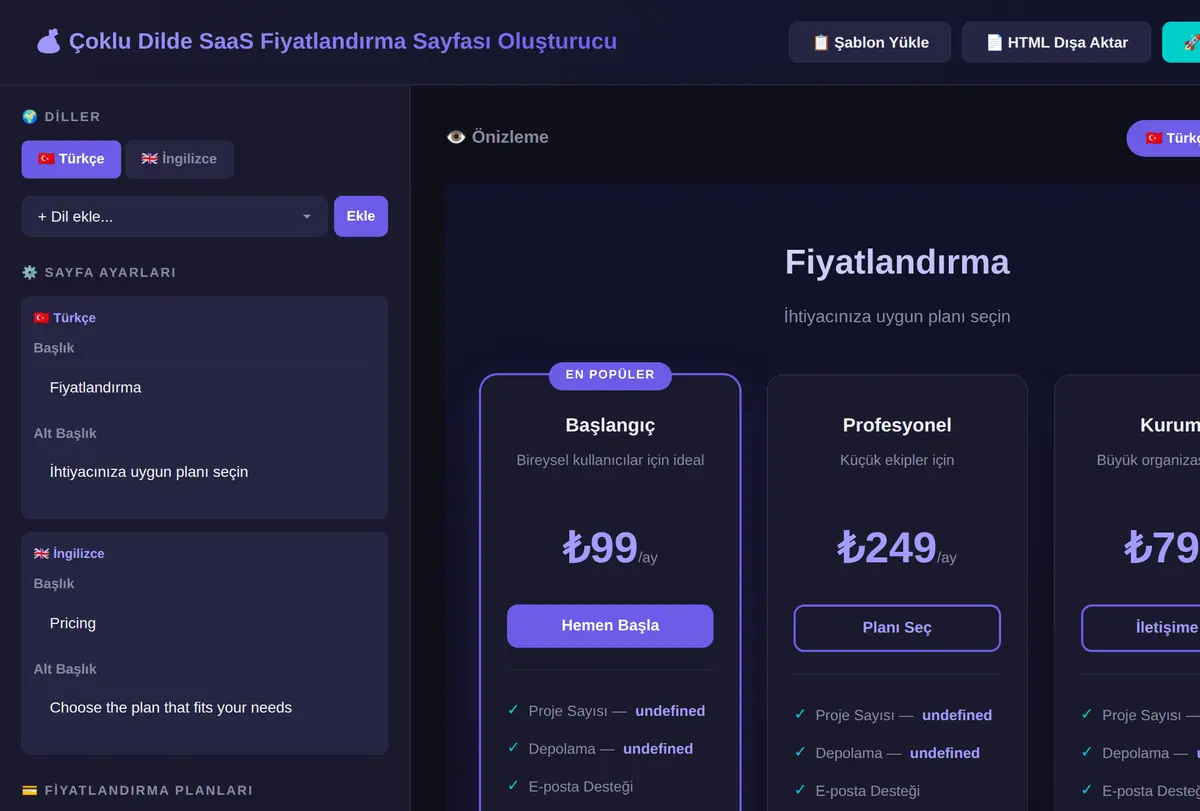 Çoklu Dilde SaaS Fiyatlandırma Sayfası Oluşturu ekran görüntüsü