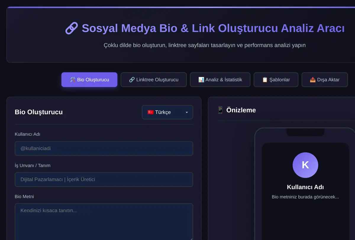 Sosyal Medya Bio & Link Oluşturucu Analiz Aracı ekran görüntüsü