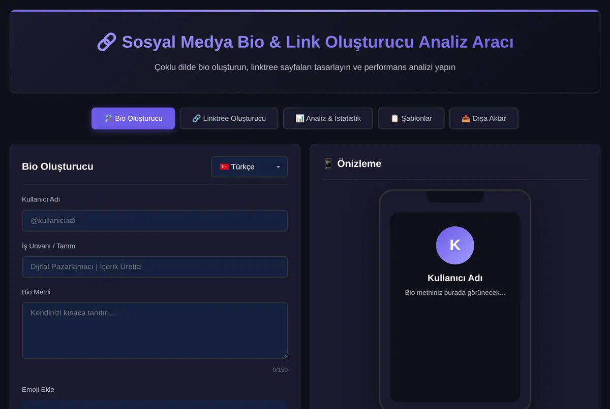Sosyal Medya Bio & Link Oluşturucu Analiz Aracı ekran görüntüsü 2