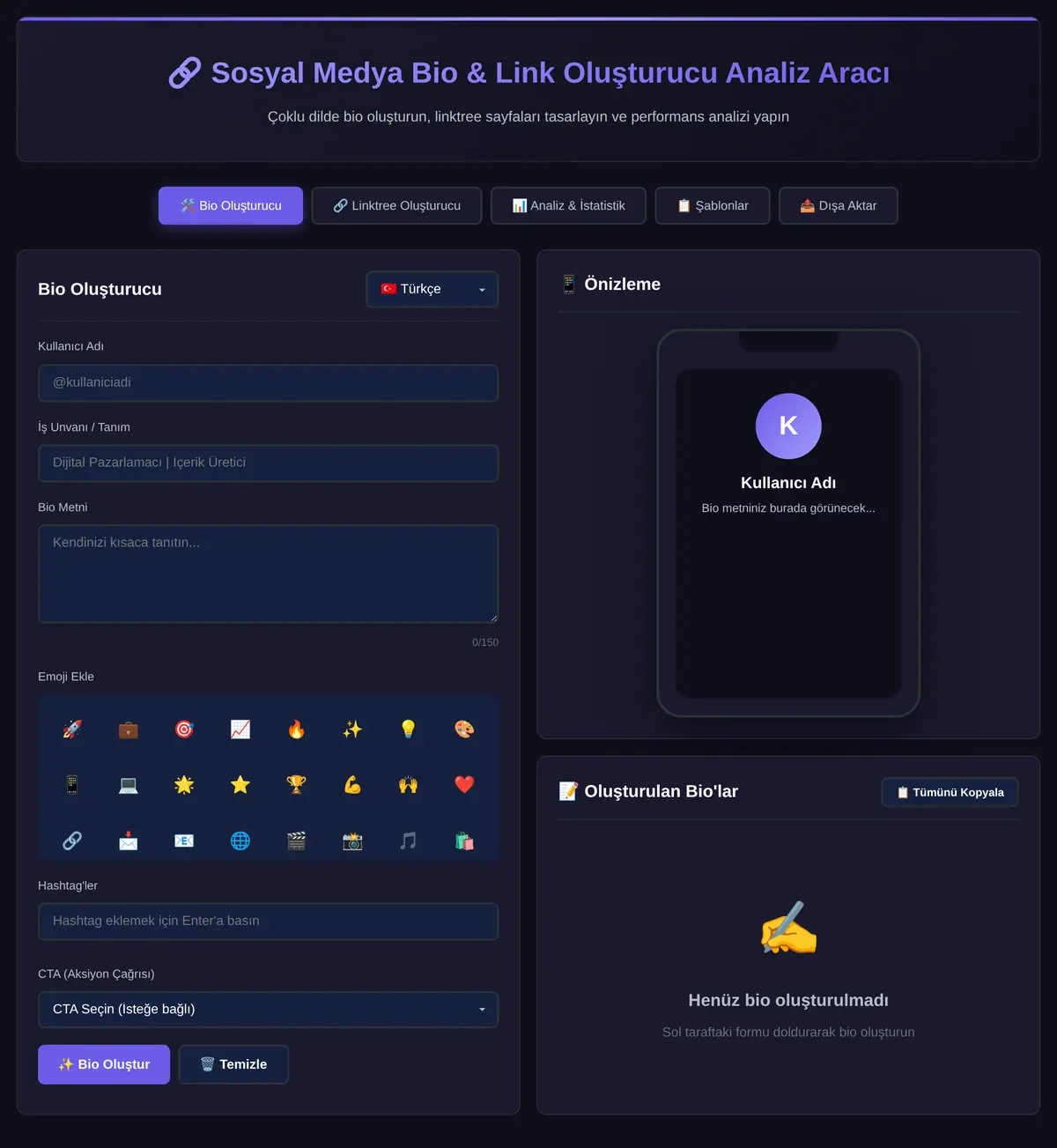 Sosyal Medya Bio & Link Oluşturucu Analiz Aracı ekran görüntüsü 3