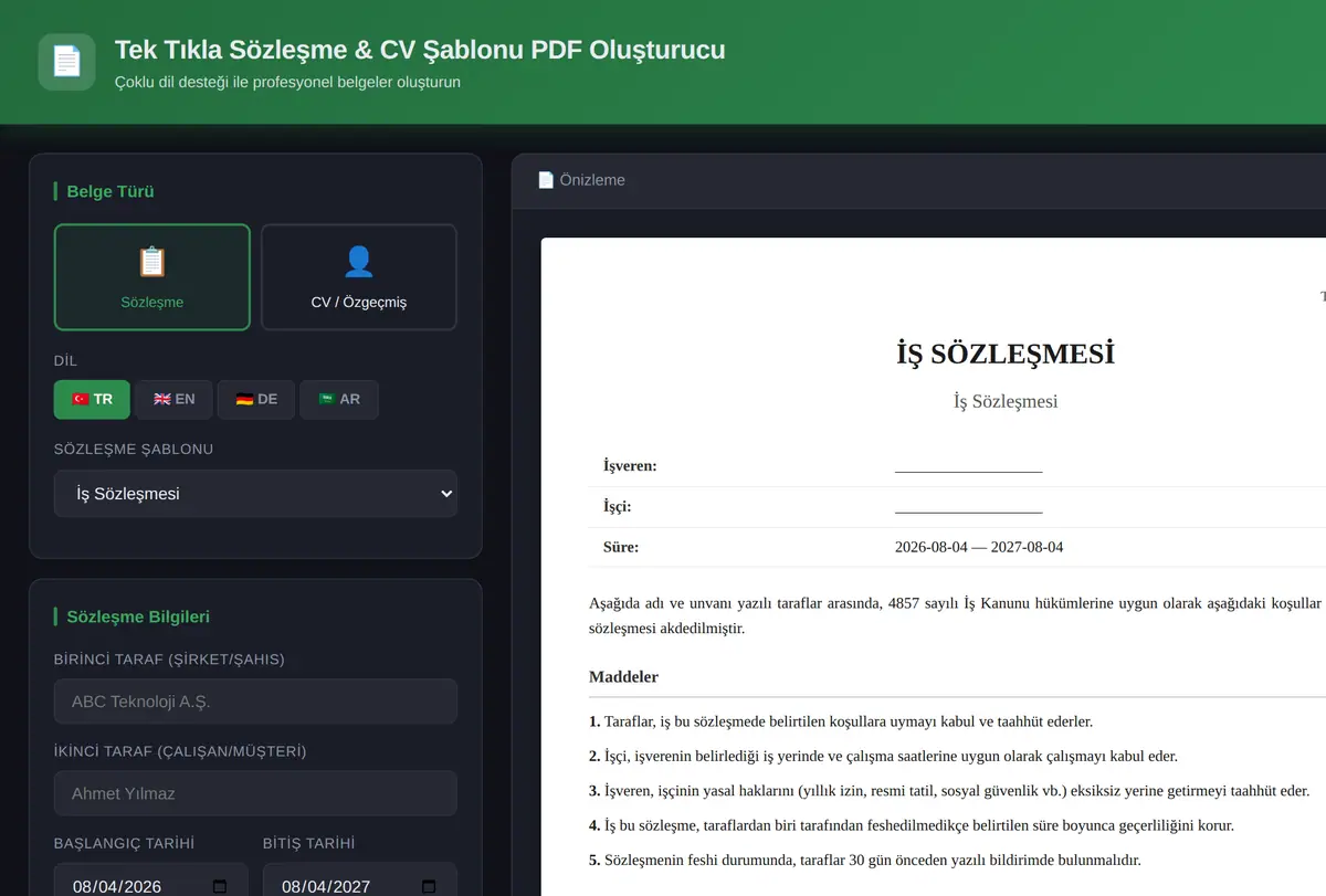 Tek Tıkla Sözleşme & CV Şablonu PDF Oluşturucu ekran görüntüsü