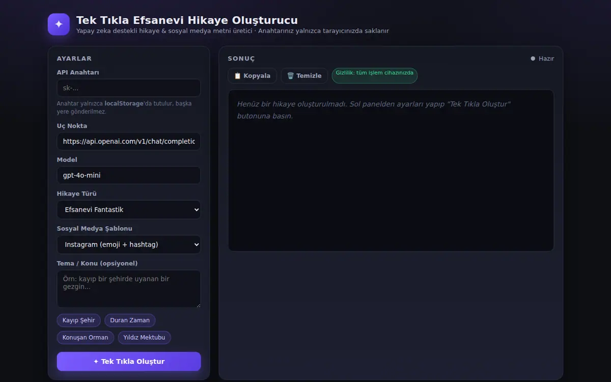 Tek Tıkla Efsanevi Hikaye Oluşturucu ekran görüntüsü
