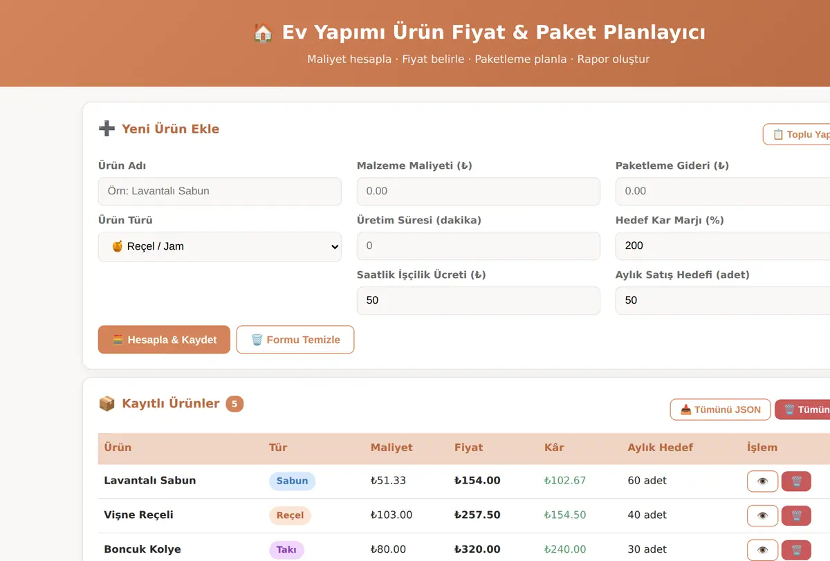 Ev Yapımı Ürün Fiyat & Paket Planlayıcı ekran görüntüsü