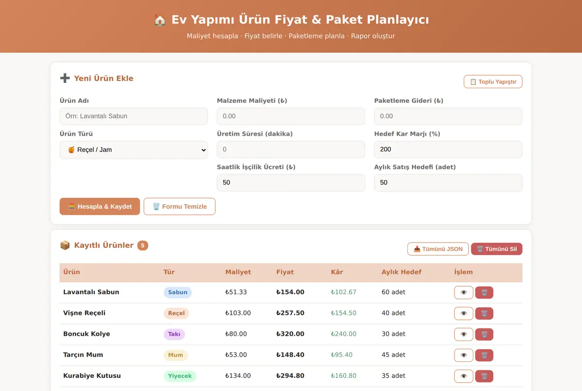 Ev Yapımı Ürün Fiyat & Paket Planlayıcı ekran görüntüsü 2