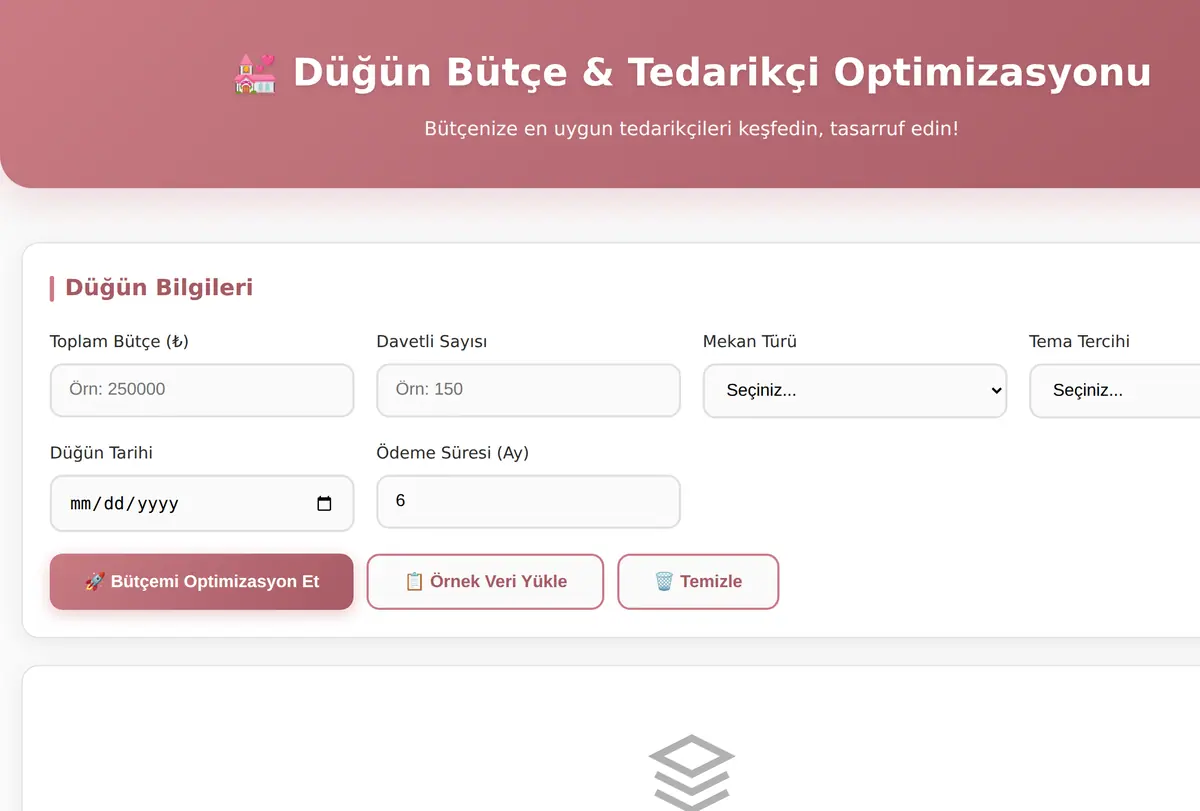 Düğün Bütçe & Tedarikçi Optimizasyonu ekran görüntüsü