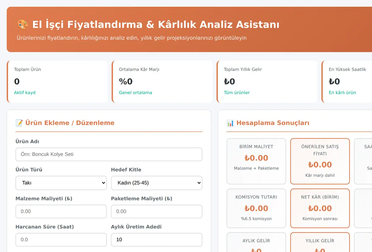 El İşçi Fiyatlandırma & Kârlılık Analiz Asistanı ekran görüntüsü