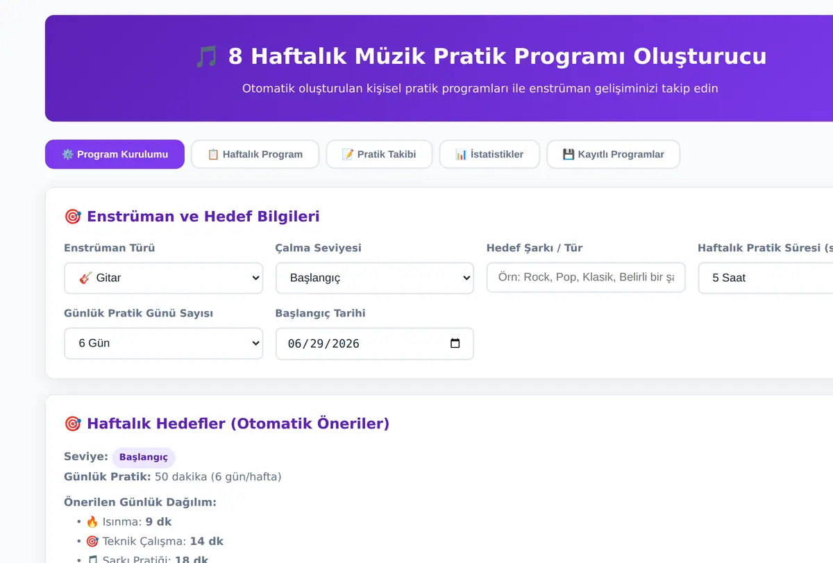 8 Haftalık Müzik Pratik Programı Oluşturucu ekran görüntüsü