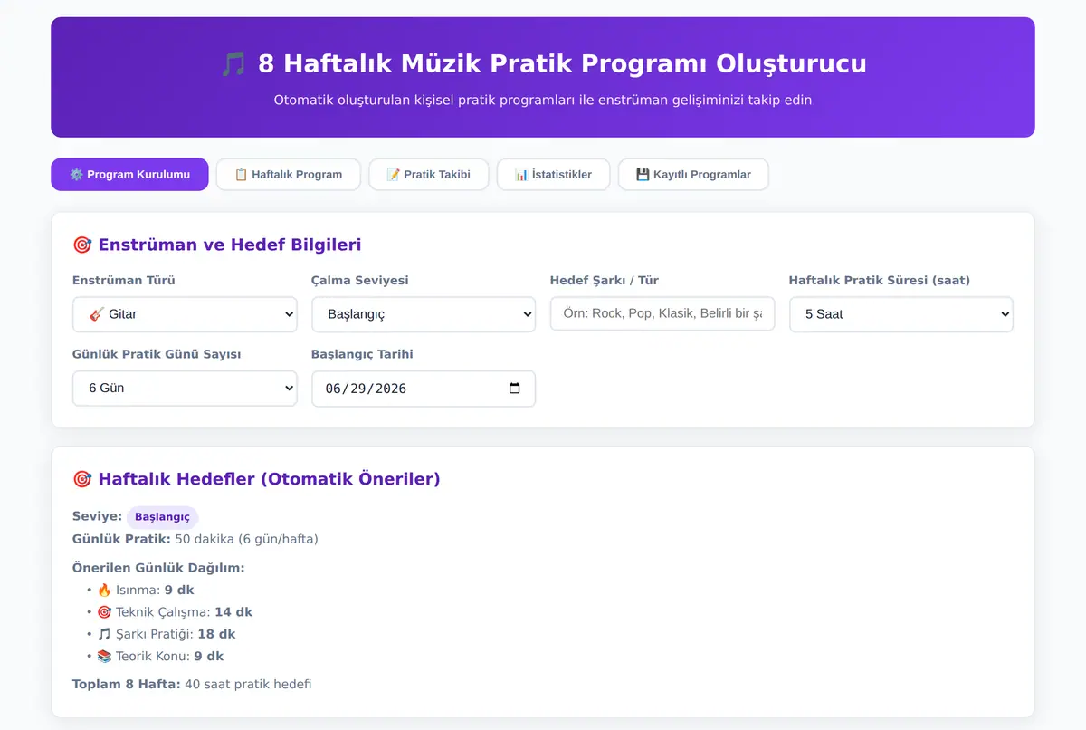 8 Haftalık Müzik Pratik Programı Oluşturucu ekran görüntüsü 2