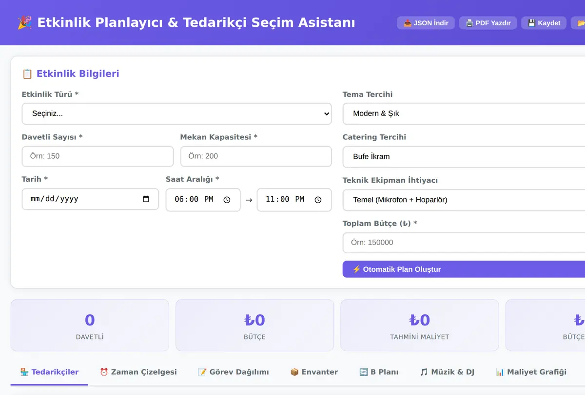 Etkinlik Planlayıcı & Tedarikçi Seçim Asistanı ekran görüntüsü