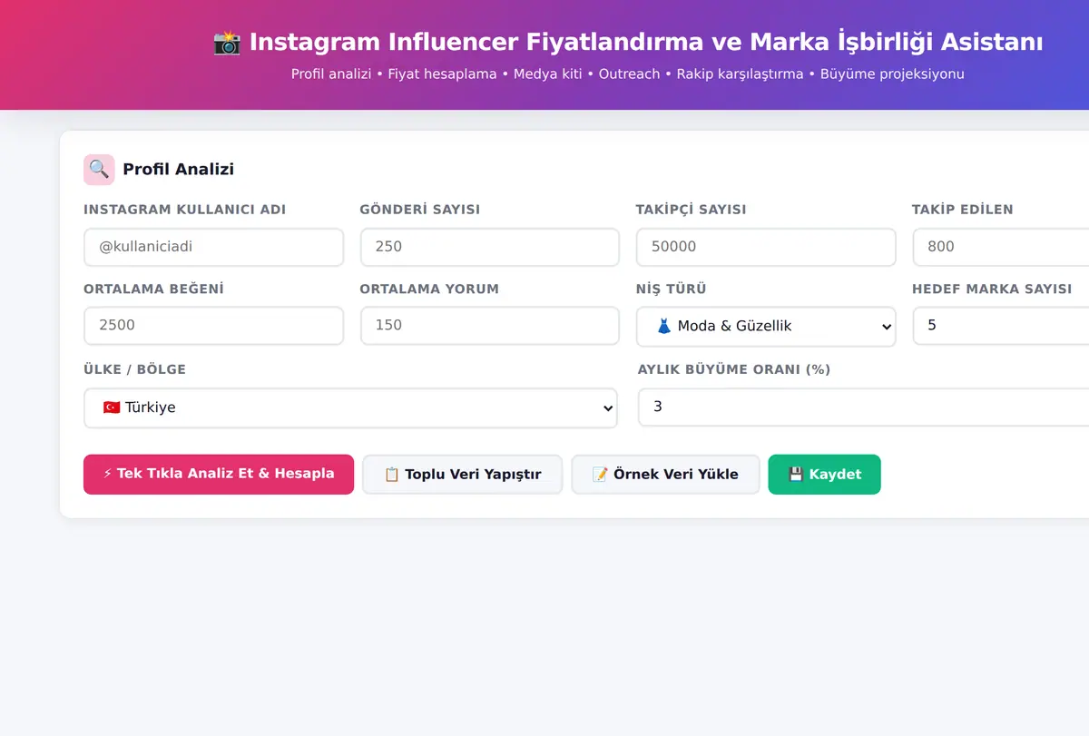 Instagram Influencer Fiyatlandırma ve Marka İşbirliği Asistanı ekran görüntüsü