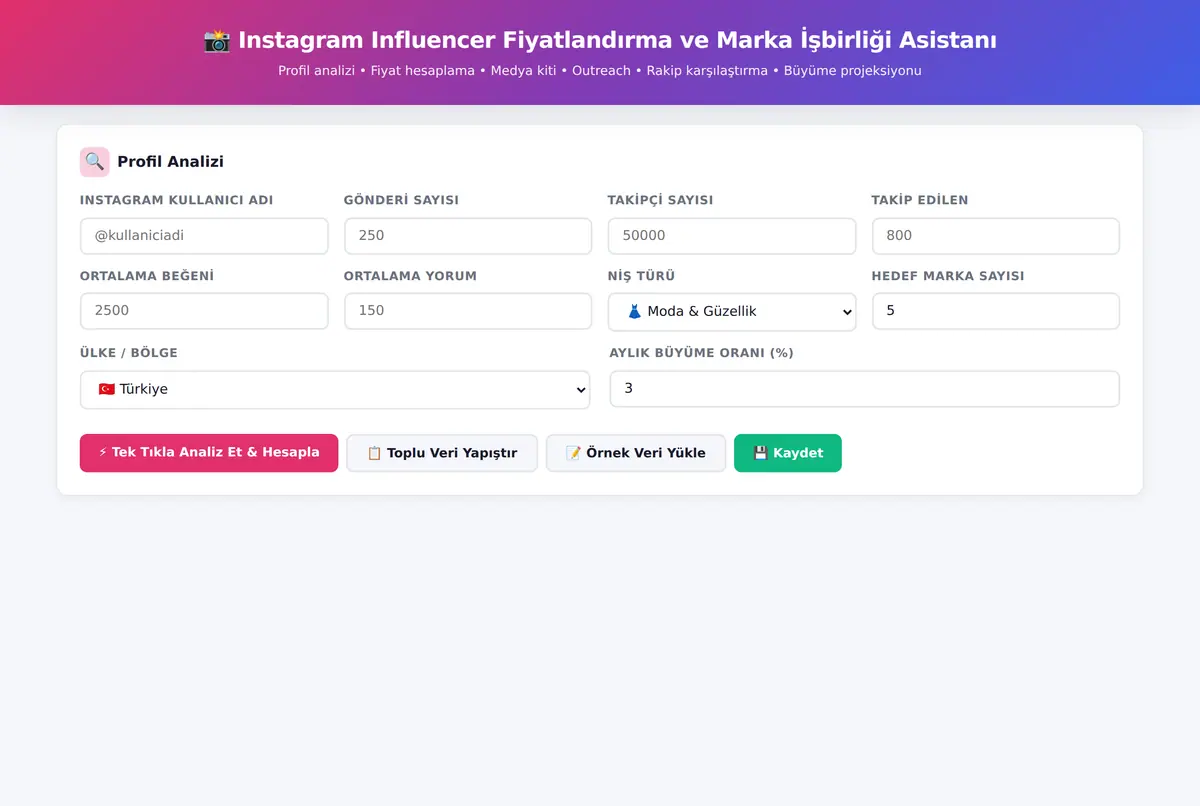 Instagram Influencer Fiyatlandırma ve Marka İşbirliği Asistanı ekran görüntüsü 2