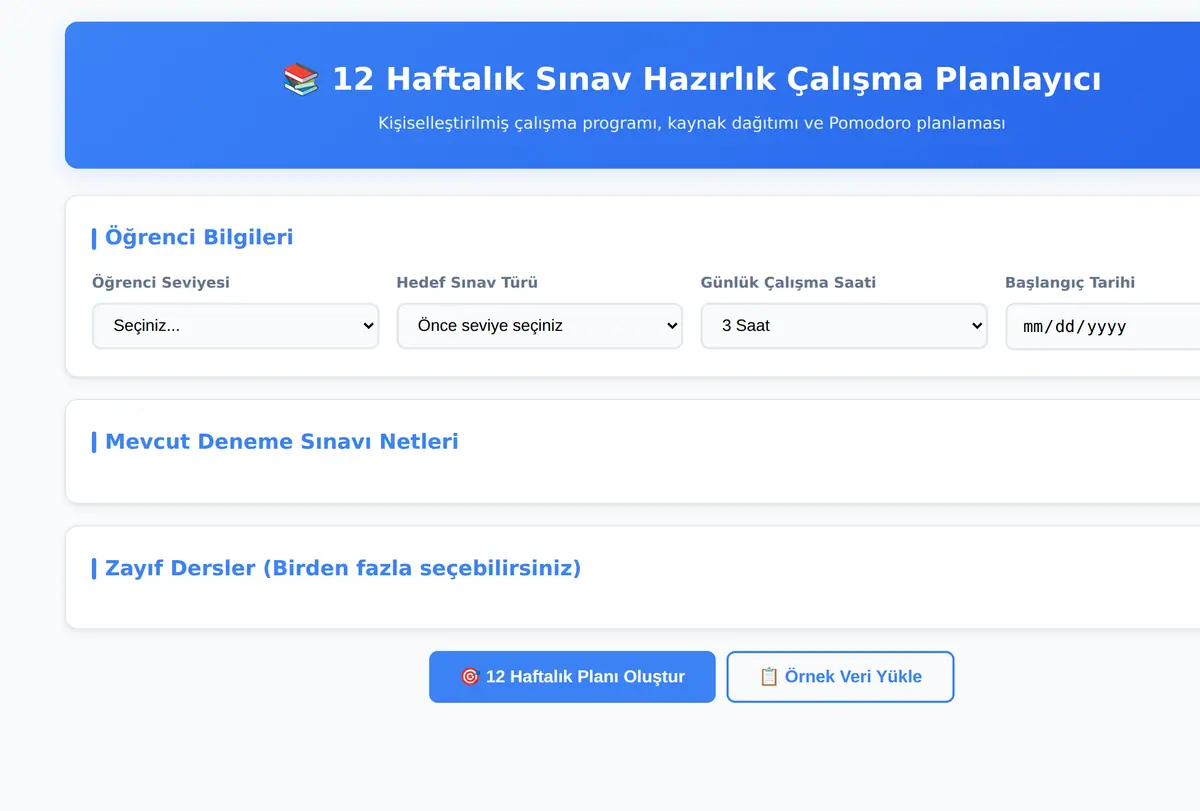 12 Haftalık Sınav Hazırlık Çalışma Planlayıcı ekran görüntüsü