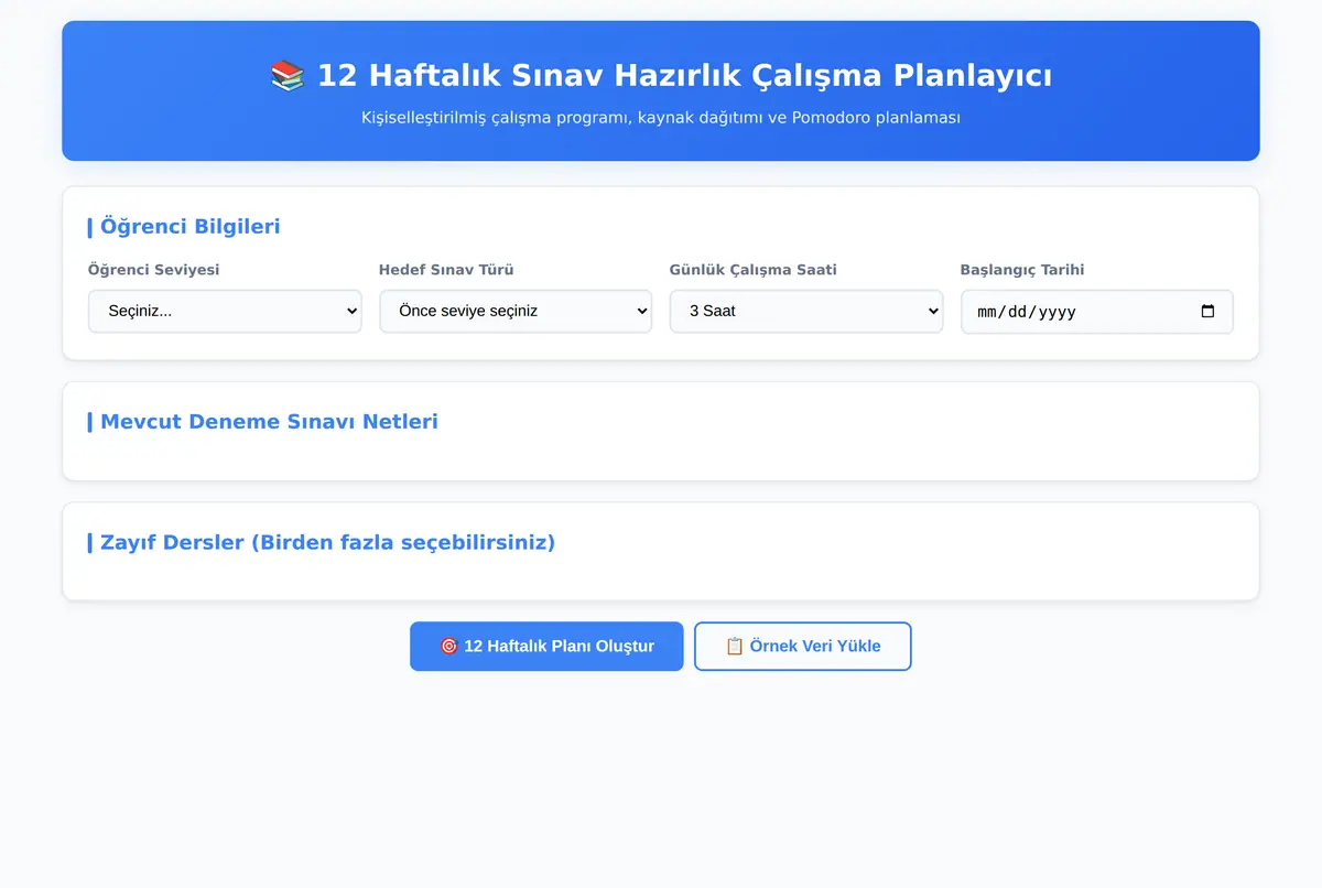 12 Haftalık Sınav Hazırlık Çalışma Planlayıcı ekran görüntüsü 2