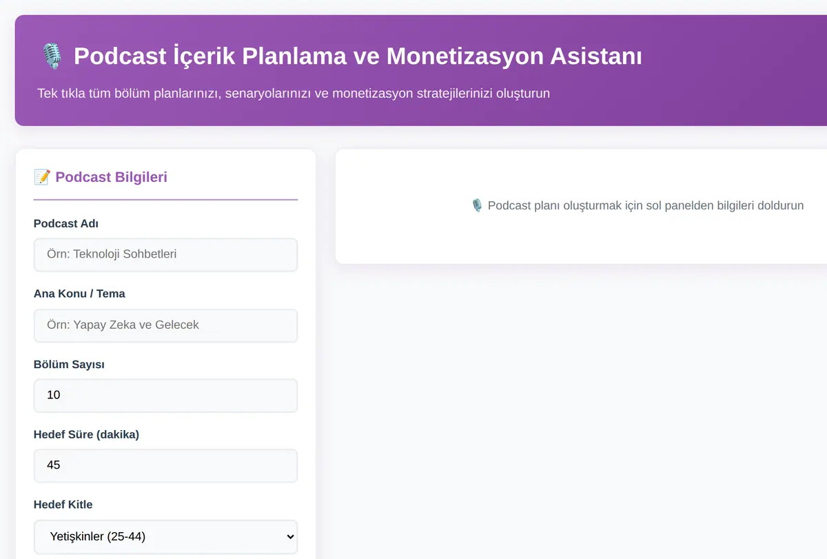 Podcast İçerik Planlama ve Monetizasyon Asistanı ekran görüntüsü