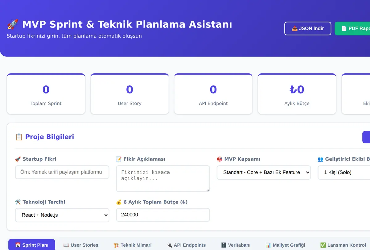 MVP Sprint & Teknik Planlama Asistanı ekran görüntüsü