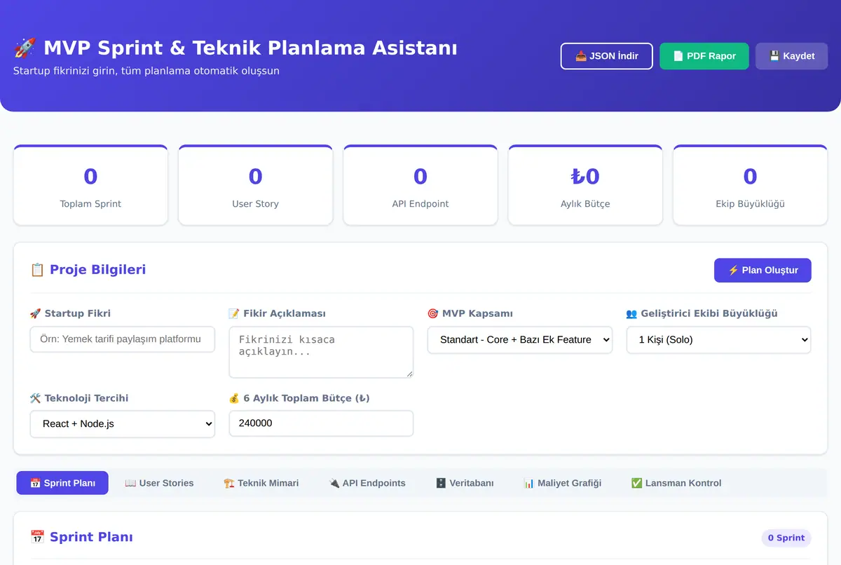 MVP Sprint & Teknik Planlama Asistanı ekran görüntüsü 2