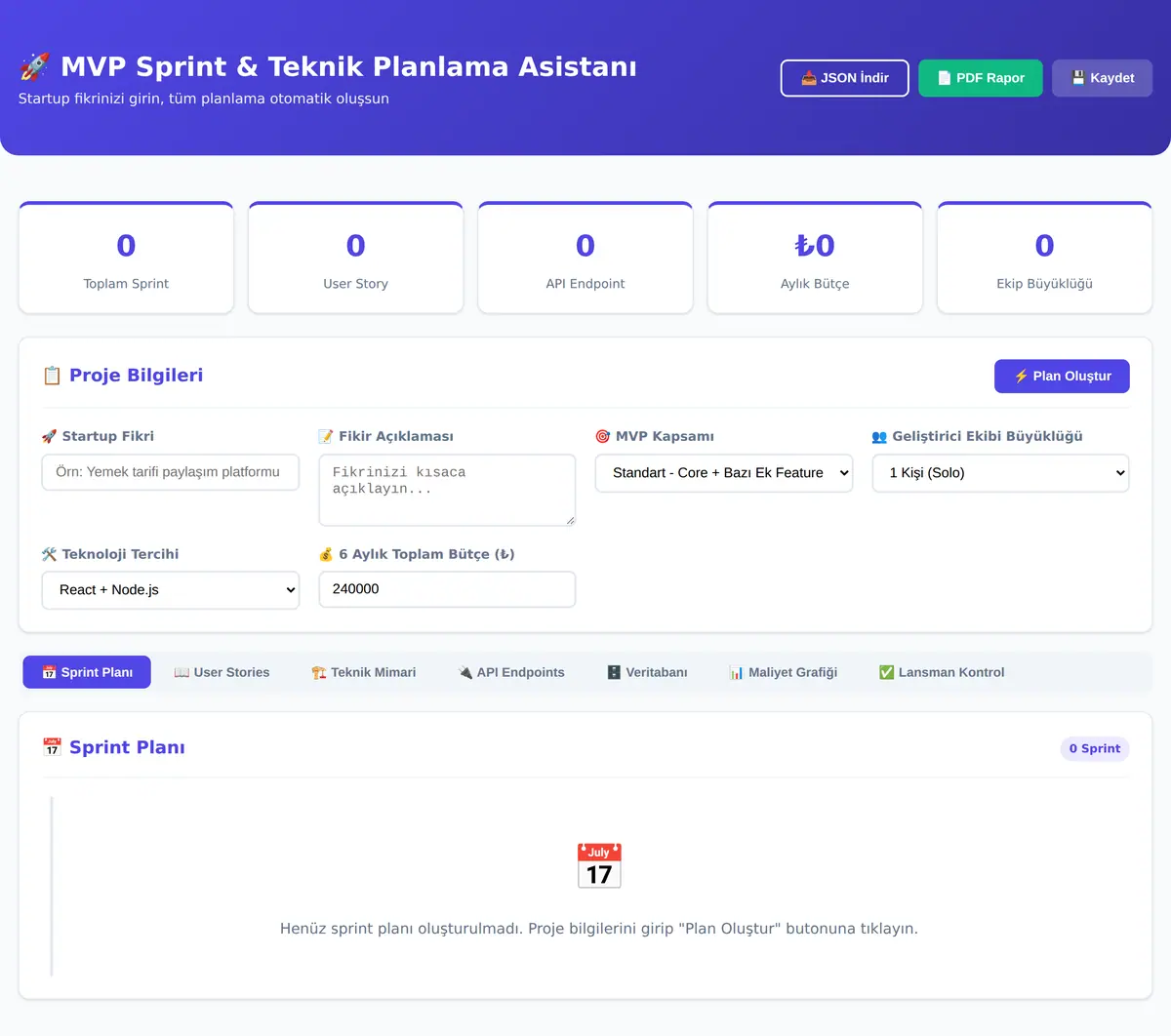 MVP Sprint & Teknik Planlama Asistanı ekran görüntüsü 3