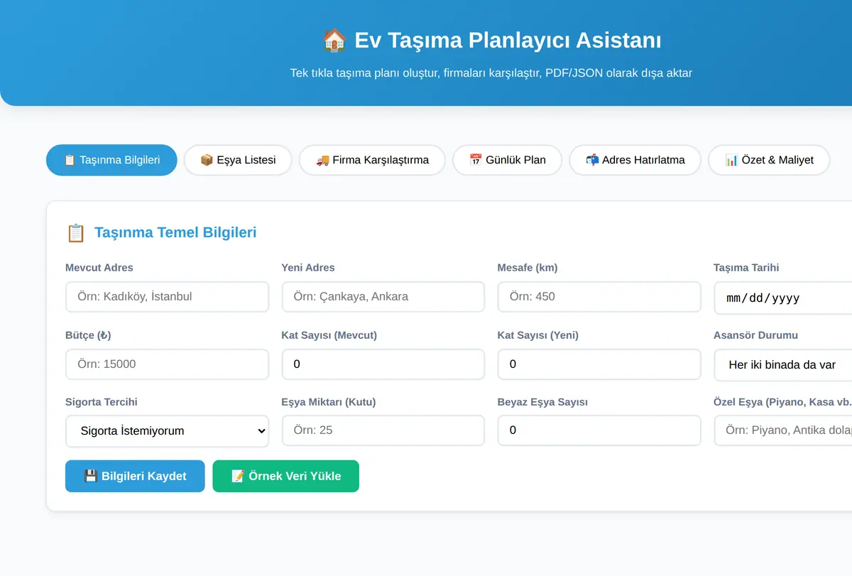 Ev Taşıma Planlayıcı Asistanı - PDF+JSON Çıktı ekran görüntüsü