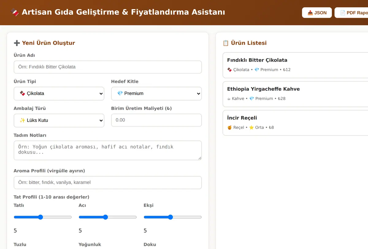 Artisan Gıda Geliştirme & Fiyatlandırma Asistanı ekran görüntüsü