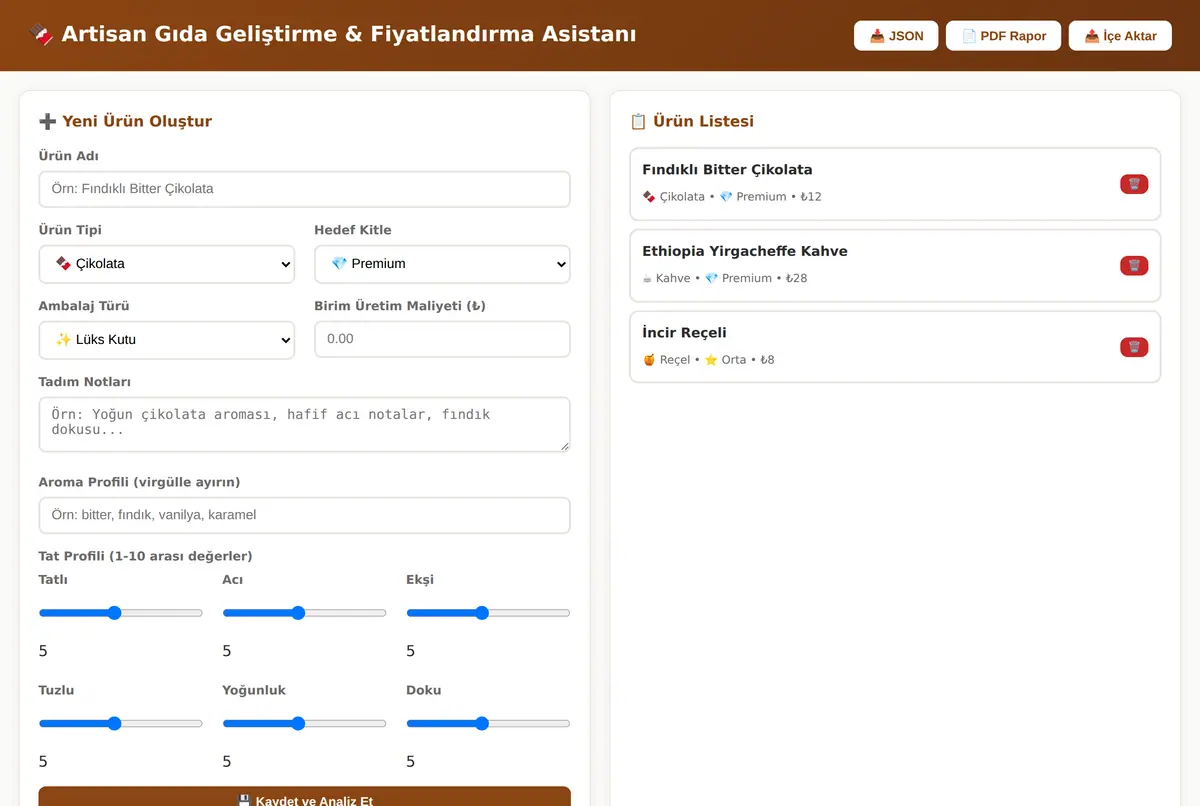 Artisan Gıda Geliştirme & Fiyatlandırma Asistanı ekran görüntüsü 2
