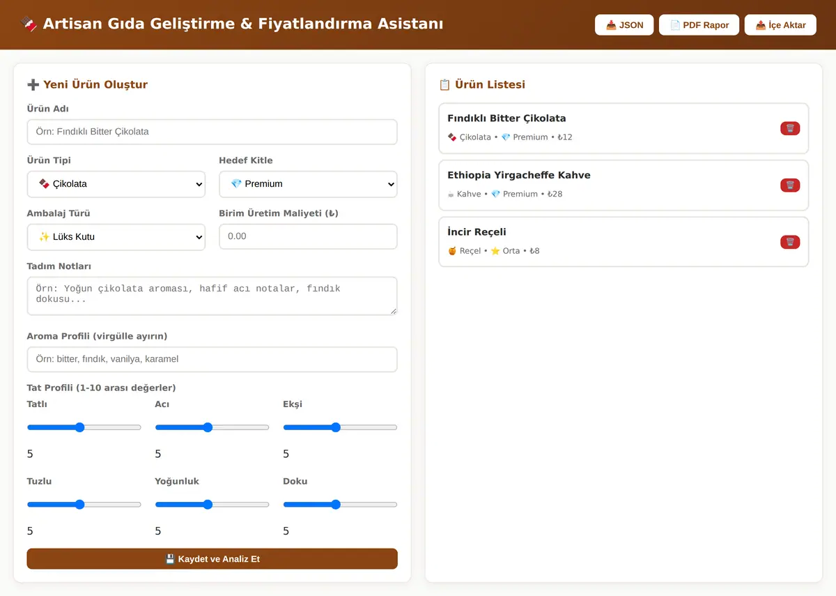 Artisan Gıda Geliştirme & Fiyatlandırma Asistanı ekran görüntüsü 3