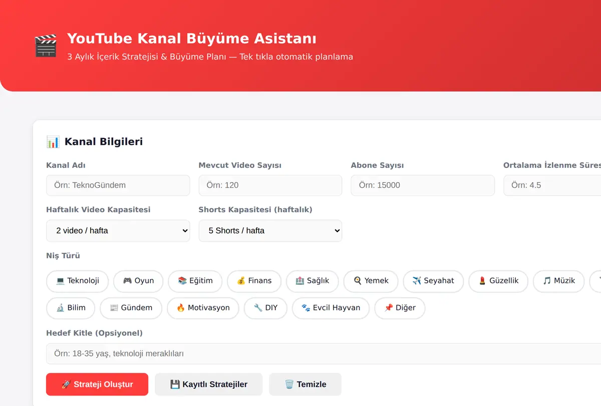 YouTube Kanal Büyüme Asistanı - 3 Aylık Strateji ekran görüntüsü