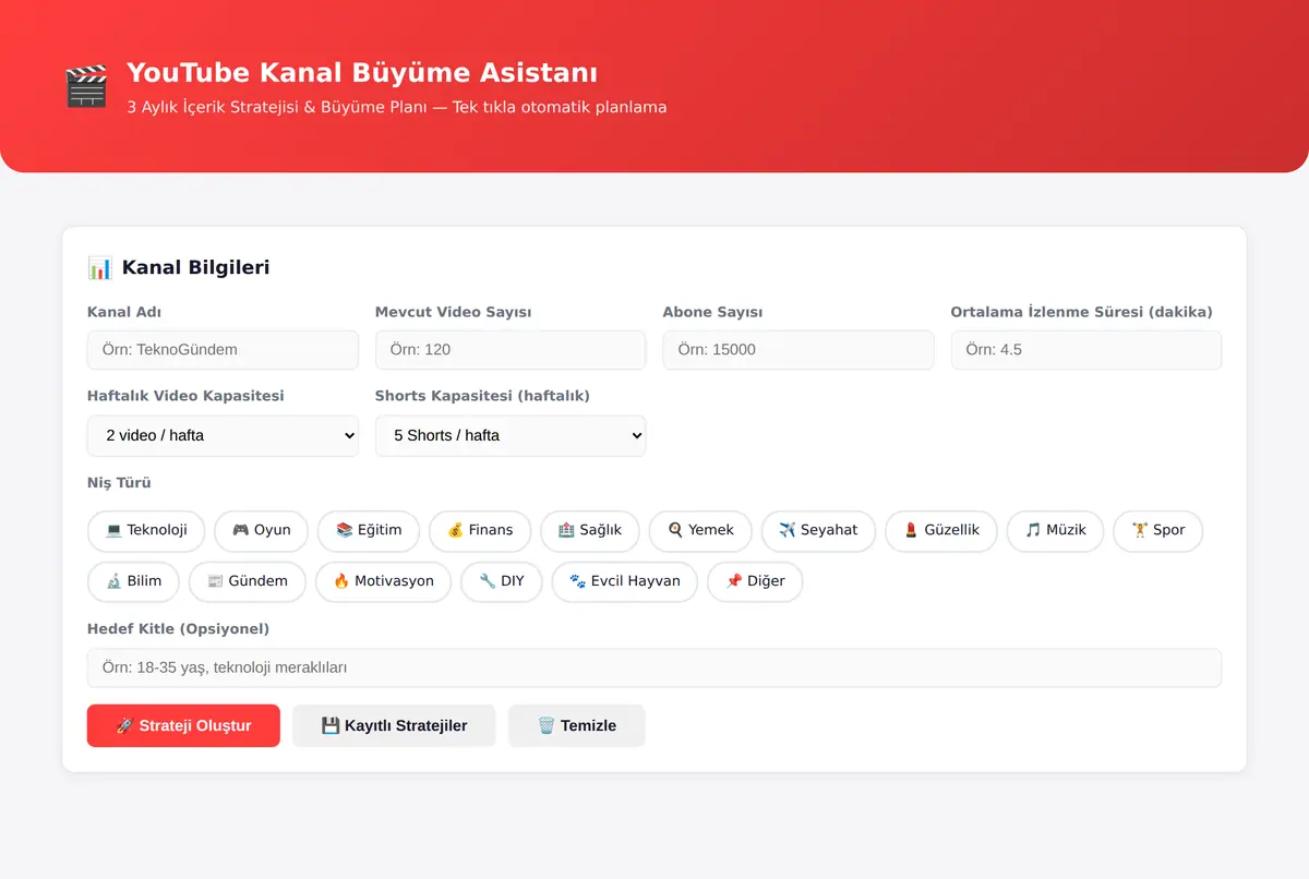 YouTube Kanal Büyüme Asistanı - 3 Aylık Strateji ekran görüntüsü 2