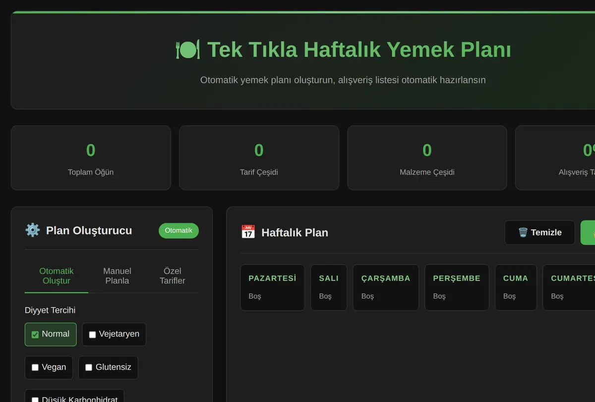 Tek Tıkla Haftalık Yemek Planı ve Alışveriş Listesi ekran görüntüsü