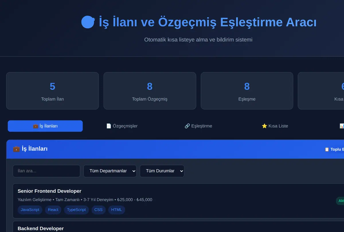 İş İlanı ve Özgeçmiş Eşleştirme Aracı ekran görüntüsü