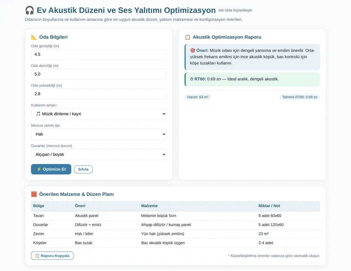 Ev Akustik Düzeni ve Ses Yalıtımı Optimizasyon ekran görüntüsü 3