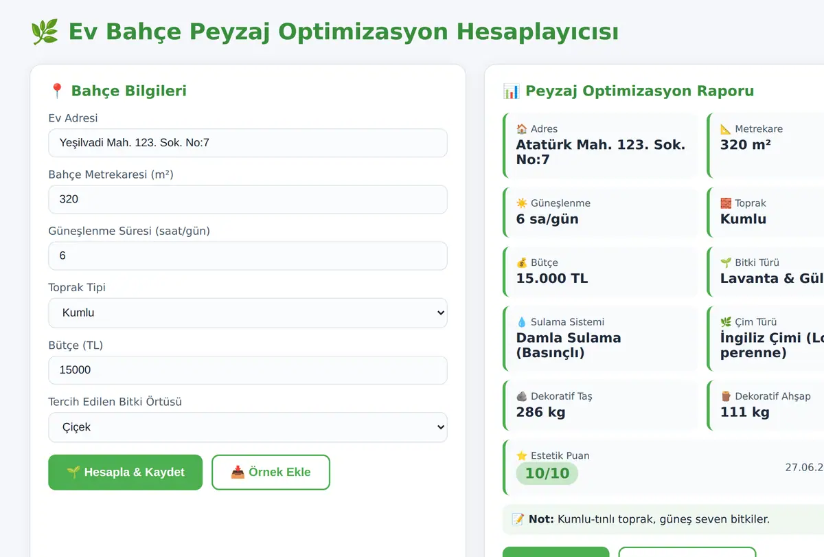 Ev Bahçe Peyzaj Optimizasyon Hesaplayıcısı ekran görüntüsü