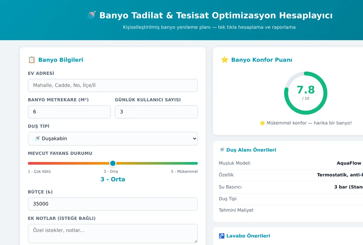 Banyo Tadilat & Tesisat Optimizasyon Hesaplayıcı ekran görüntüsü