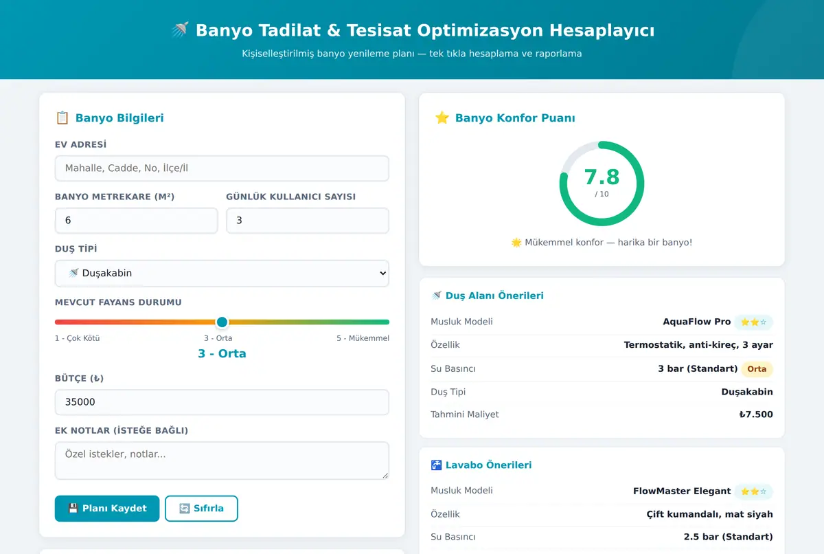Banyo Tadilat & Tesisat Optimizasyon Hesaplayıcı ekran görüntüsü 2