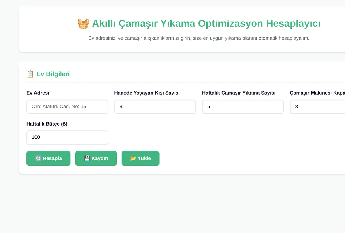 Akıllı Çamaşır Yıkama Optimizasyon Hesaplayıcı ekran görüntüsü