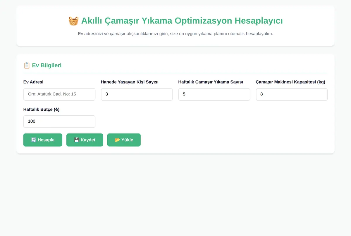 Akıllı Çamaşır Yıkama Optimizasyon Hesaplayıcı ekran görüntüsü 2