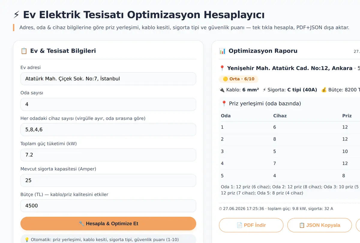 Ev Elektrik Tesisatı Optimizasyon Hesaplayıcı ekran görüntüsü