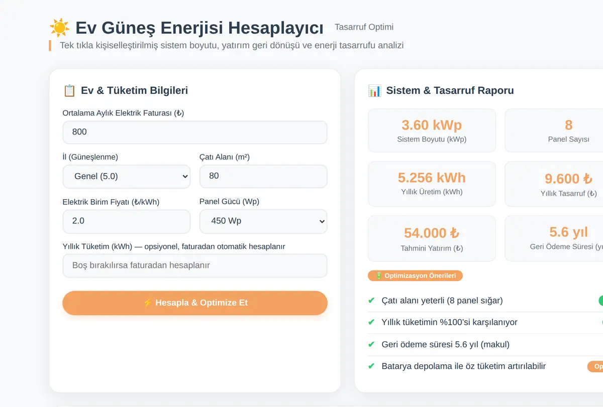 Ev Güneş Enerjisi Hesaplayıcı - Tasarruf Optimi ekran görüntüsü