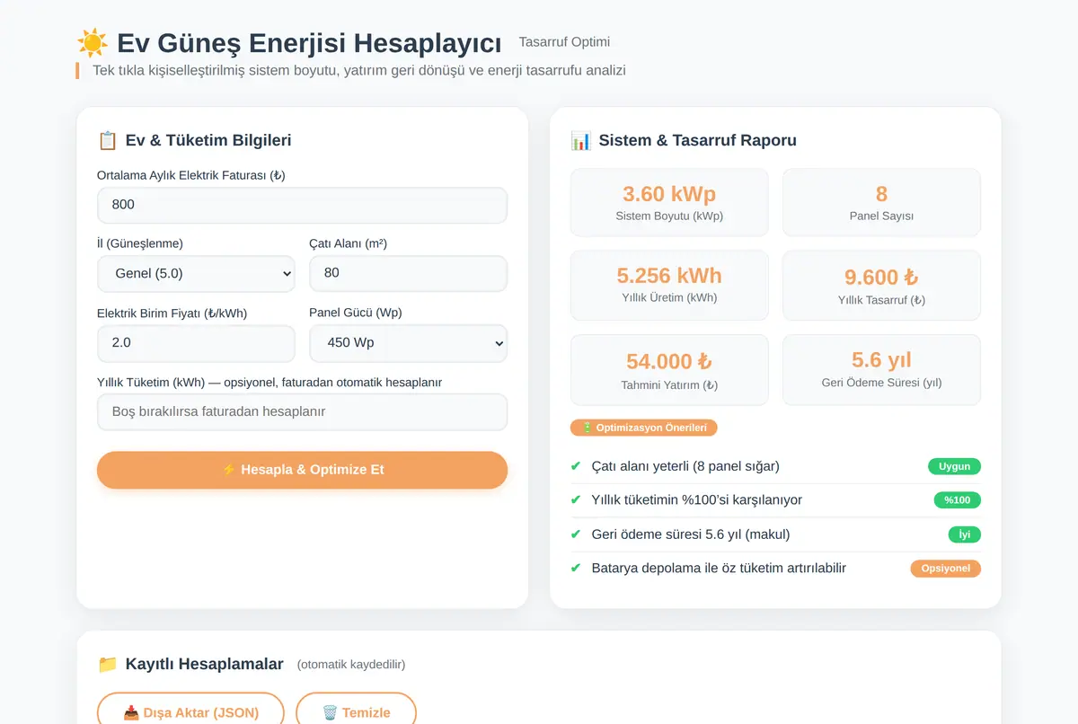 Ev Güneş Enerjisi Hesaplayıcı - Tasarruf Optimi ekran görüntüsü 2
